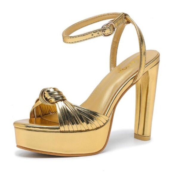 Gold Block Heels Platforms Braid Knot Ankle Strap Sandals Size 36 US 5.5 - Picture 7 of 10